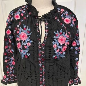 Misa Los Angeles Black Blouse with Pink and Blue Embroidery